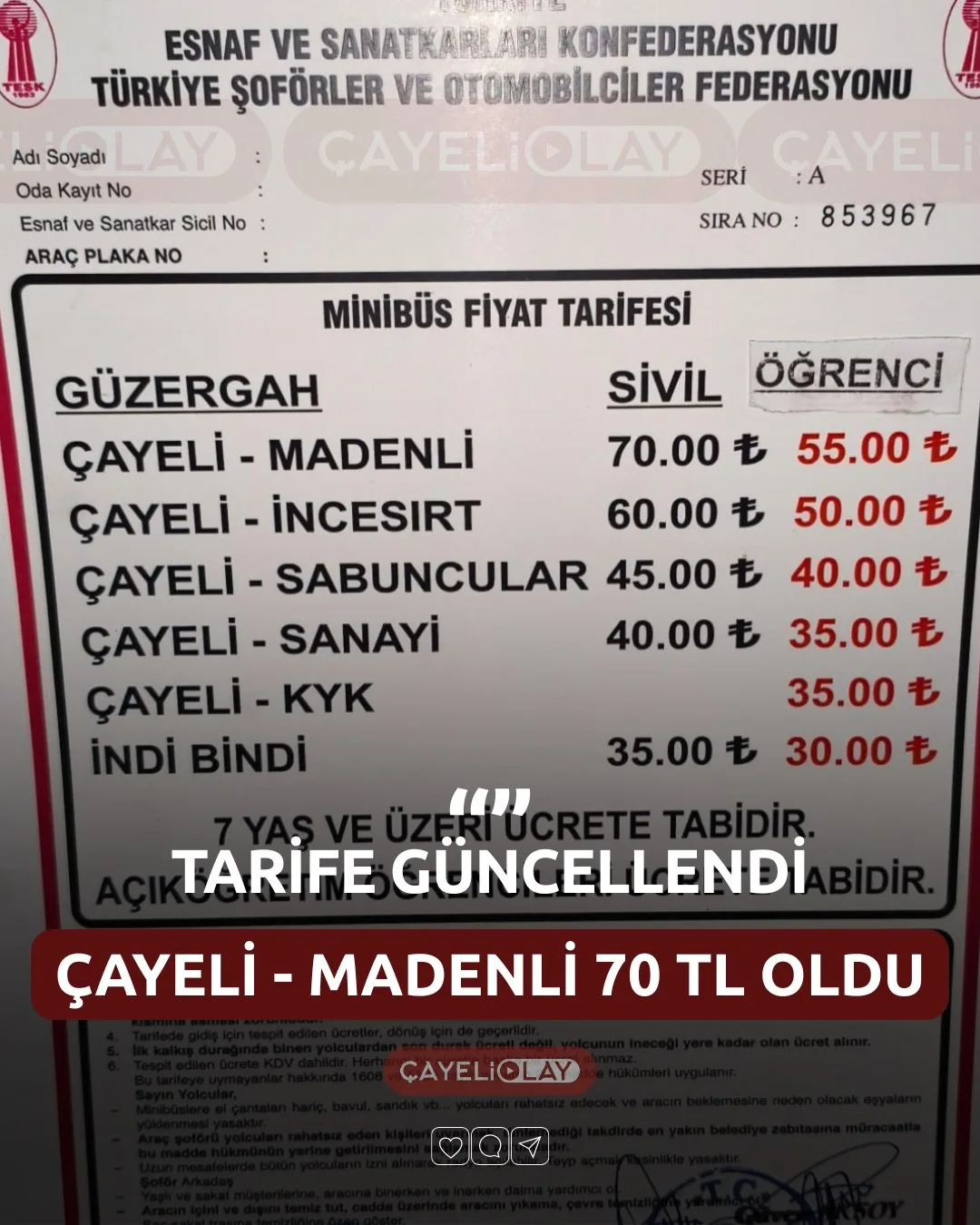 ÇAYELİ-MADENLİ MİNİBÜS ÜCRETLERİ GÜNCELLENDİ: SİVİL 70 TL